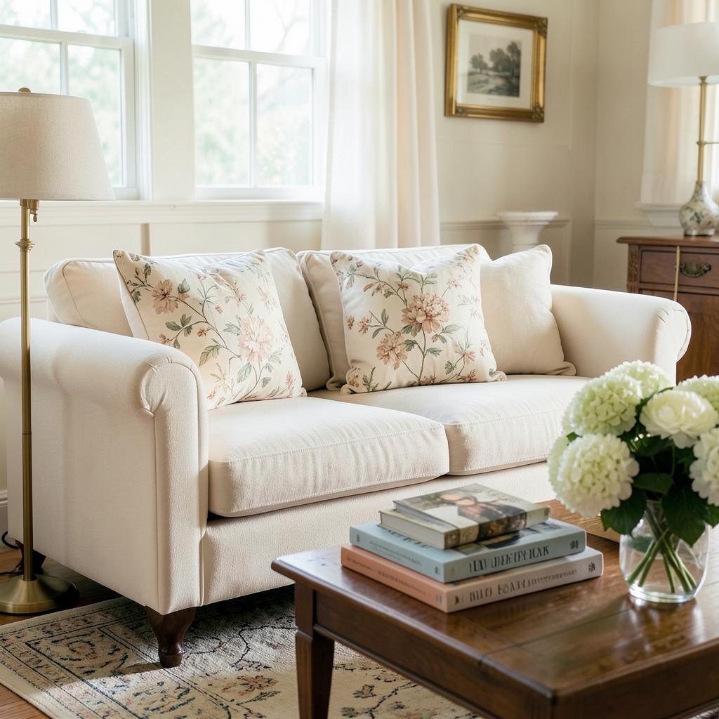 Brass floor lamp beside an ivory sofa