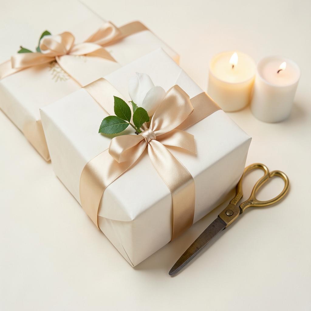 Ivory gift boxes tied with champagne satin ribbon