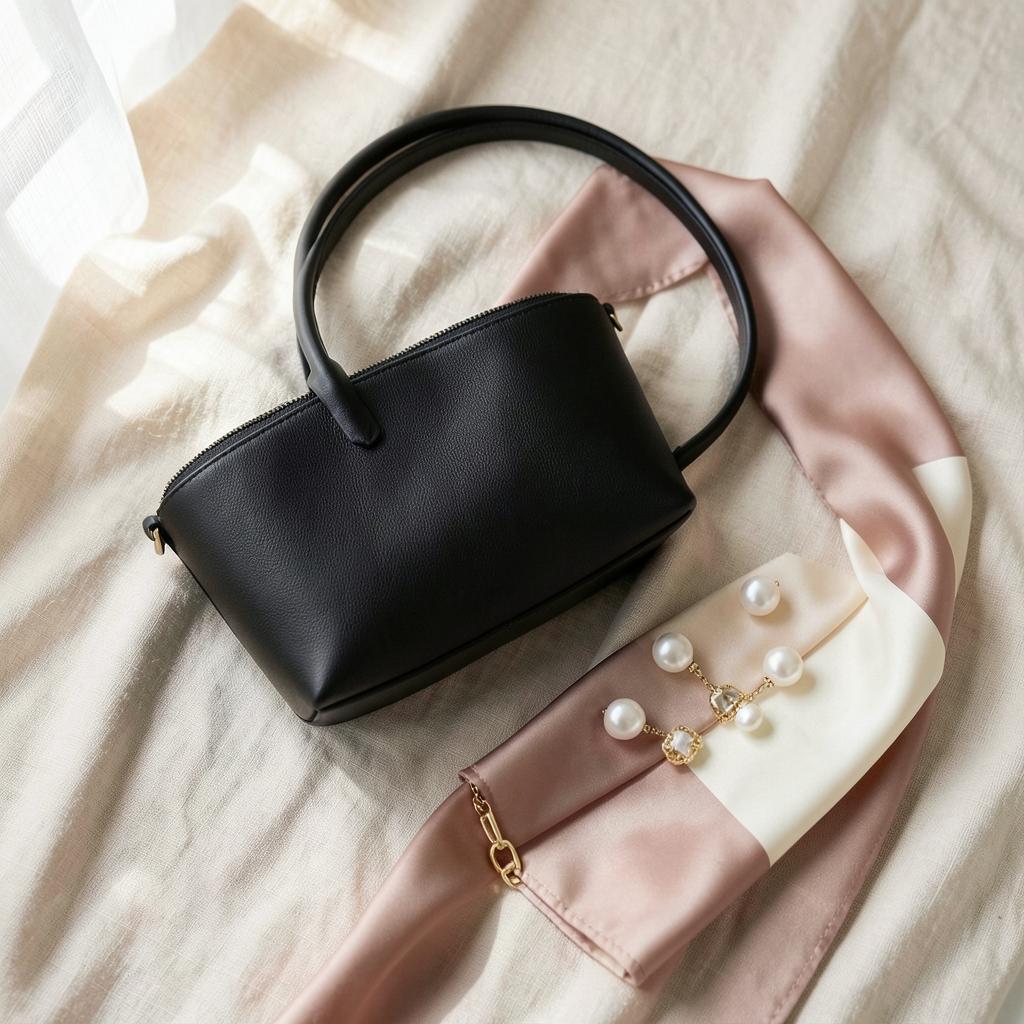 Structured black handbag styled with a blush scarf