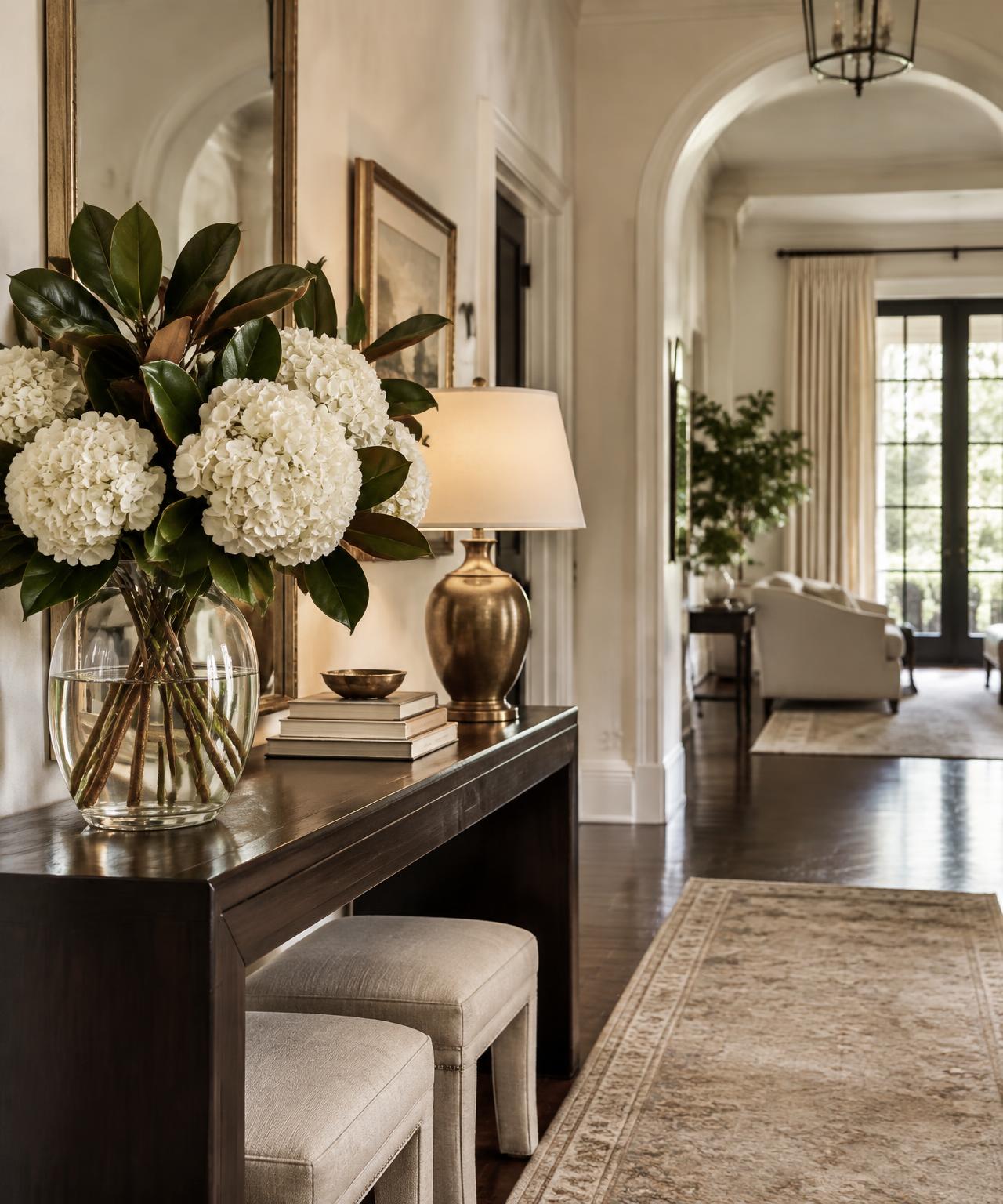 Elegant Southern entry with white hydrangeas and antique brass