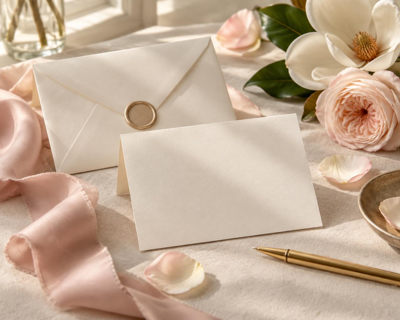 Elegant stationery with flowers and an ivory envelope