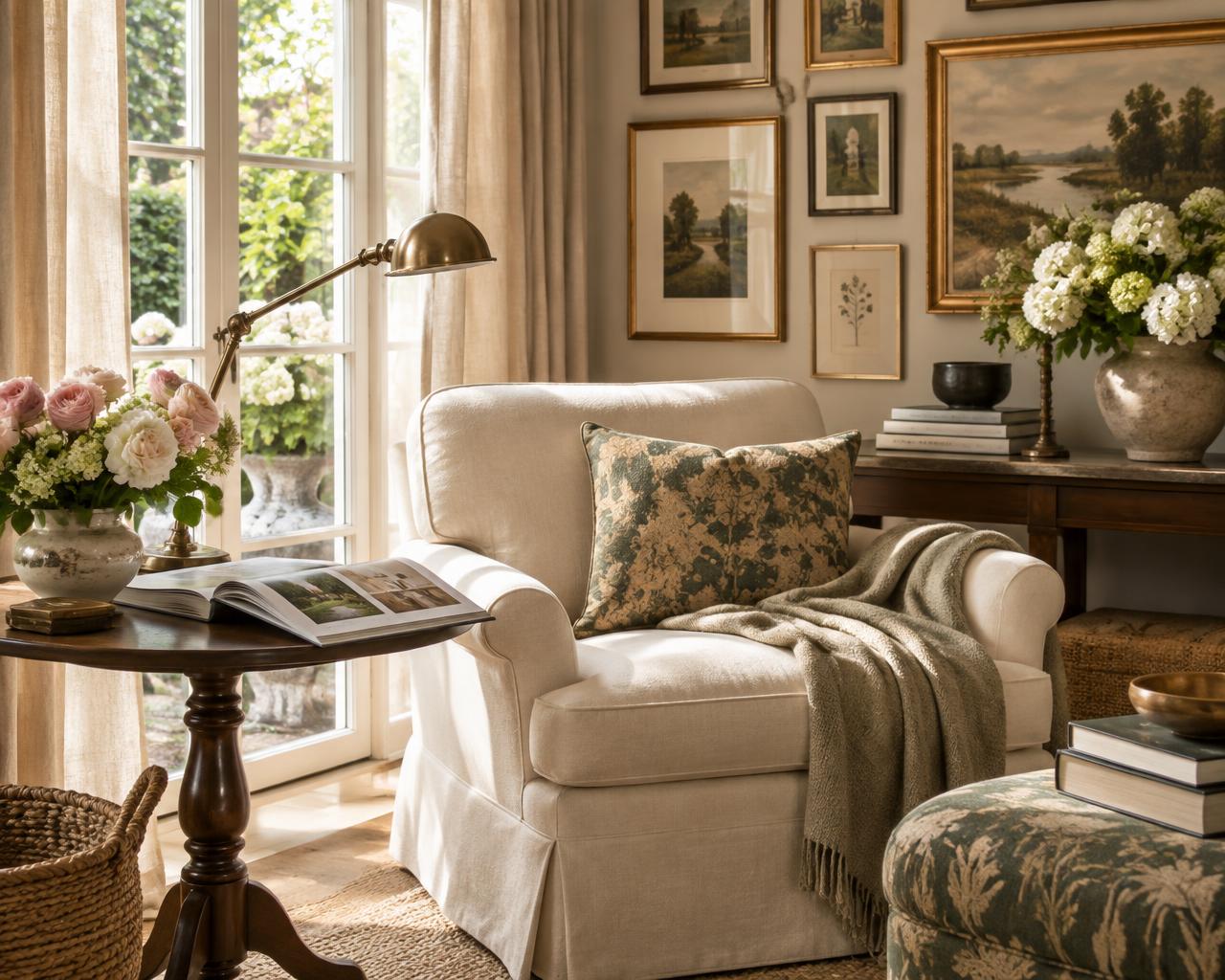 Sunlit Southern reading room with flowers and collected art