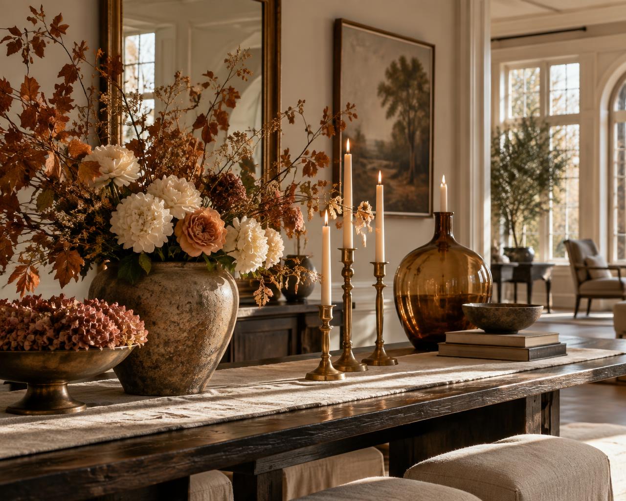 Refined seasonal flowers and candlelight in a warm Southern interior